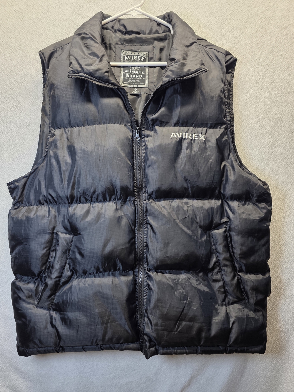 Y2K Avirex Men's Black Puffer Vest - Insulated Quilted Jacket Packable Hood LG